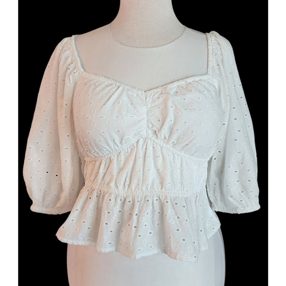 A New Day White Eyelet Puff Sleeve Cotton Crop Top Smocked Square Neck Peplum M - Picture 2 of 8